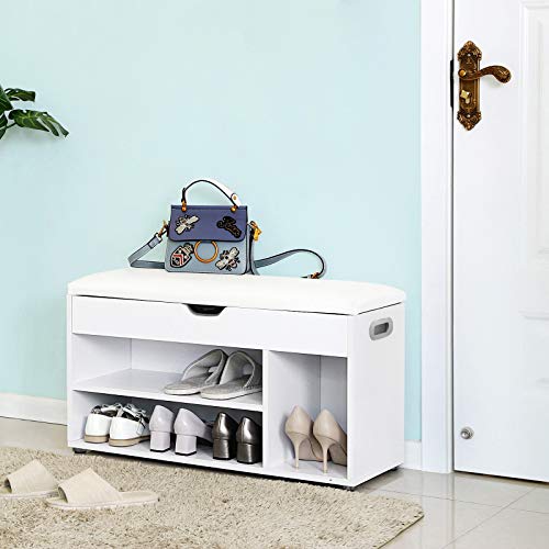 Wooden Shoe Bench, Paaed Storage Seat, Hallway Cabinet with 2 Shelves and a Hidden Chest, White