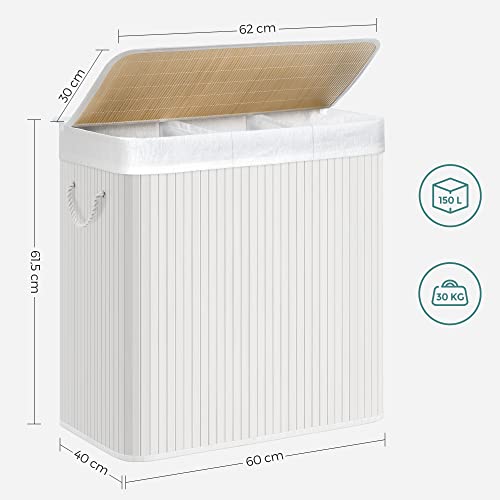 Laundry Hamper Basket with 3 Sections, Clip-on Lid and Handles, 150L Foldable, for Laundry Room, Bedroom, Bathroom, White