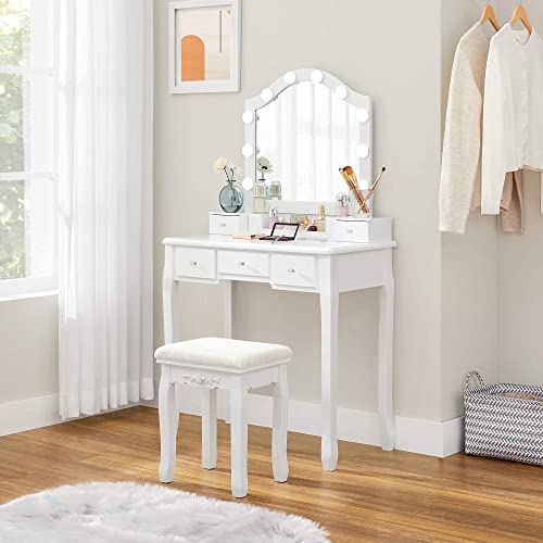 Dressing Table Set, Dressing Table, Padded Stool, 10 Bulbs, Removable Storage Box with 6 Compartments, 5 Drawers, 1 Drawer Divider, Gift Idea, for Bedroom, White