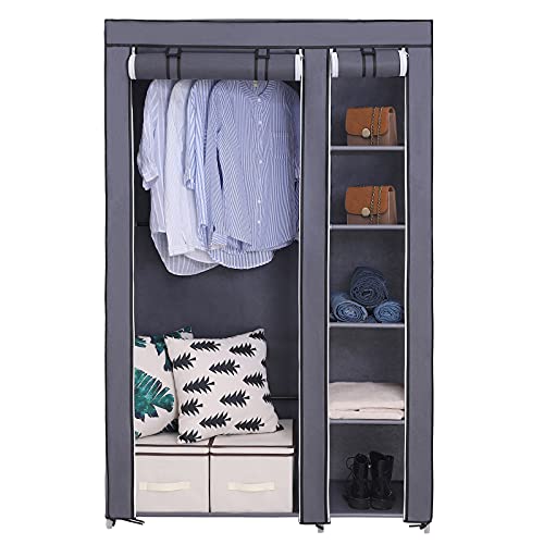 Portable Wardrobe, Foldable Closet, Clothes Storage Organiser with Hanging Rail, Shelves, Fabric Cover, for Bedroom, Cloakroom, 110 x 45 x 175 cm, Grey