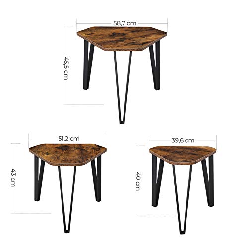 Nesting Coffee Table, Set of 3 End Tables for Living Room, Stacking Side Tables, Sturdy and Easy Assembly, Steel Frame, Industrial Style, Rustic Brown and Black