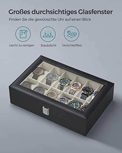 Watch Box with 12 Slots, Watch Case with Glass Lid, Watch Display Box with Removable Watch Pillows, Metal Clasp, Gift Idea, Black Synthetic Leather, Greenish Beige Lining