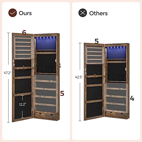 Jewellery Cabinet Armoire, Lockable Wall-Mounted Storage Organiser Unit for Necklace Earring, with Mirror and Various Compartments, Rustic Brown