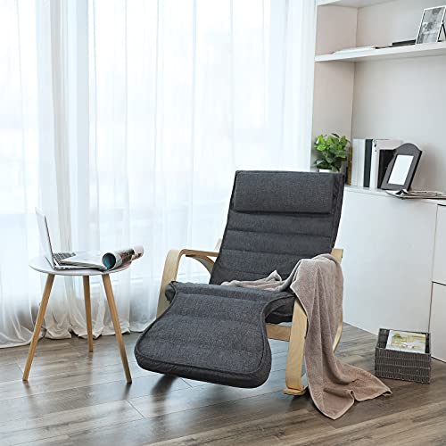 Rocking Chair with 5-Way Adjustable Footrest, Lounger, Maximum Load 150 kg, Birch Wood Frame, Faux Linen, Dark Grey