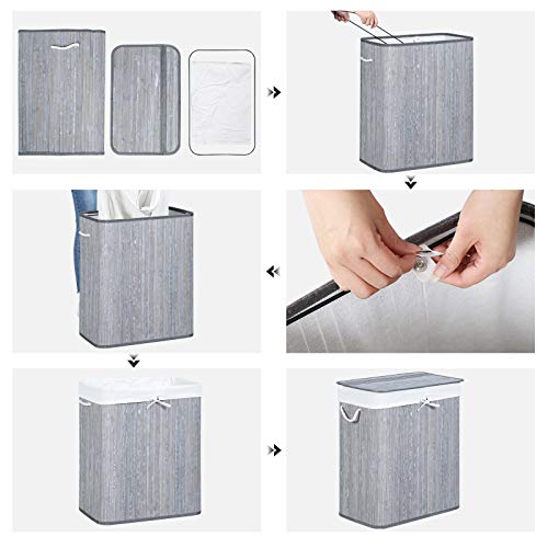 Divided Laundry Basket with Lid, Bamboo Laundry Hamper with 2 Sections, Removable Liners, Cotton Handles, 100L Storage Capacity, for Laundry Room, Bedroom, Distressed Grey