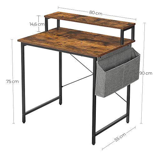 Computer Desk, Writing Study Desk with Monitor Stand, Fabric Storage Bag, X-Bars, Adjustable Feet, 80 x 55 x 90 cm, for Home Office, Industrial, Rustic Brown and Black