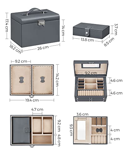 Jewellery Box 3 Layers, Jewellery Organiser with 2 Drawers, Jewellery Case with Portable Travel Case, with Handle, Lockable, Jewellery Storage, Gift for Loved ones, Grey