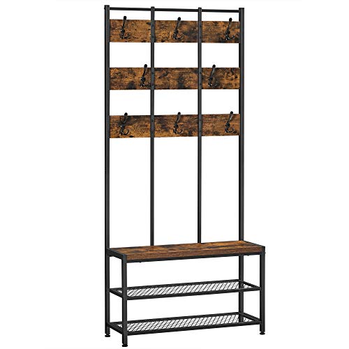 Coat Rack Free Standing, Entryway Organiser, with 8 Dual Hooks and Shoe Bench, 2 Mesh Shelves, for Bedroom, Steel Frame, Industrial, Rustic Brown and Black