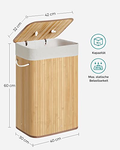 Bamboo Laundry Basket, XL Foldable Storage Hamper with Removable Washable Lining, 72L, 40 x 30 x 60 cm, Natural