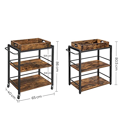 Kitchen Trolley with Removable Tray, Serving Cart Trolley, Universal Castors with Brakes, Leveling Feet, Steel Structure, Kitchen Shelf, 65 x 40 x 86 cm, Rustic Brown