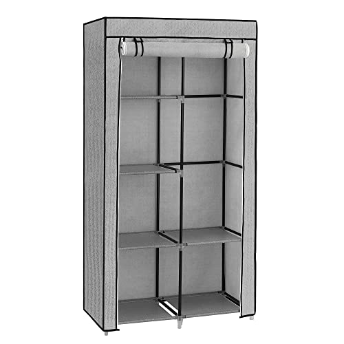 Fabric Wardrobe, Clothes Storage Organiser, 6 Shelves, 2 Hanging Rails, Non-Woven Fabric, Metal Frame, 88 x 45 x 168 cm, for Bedroom, Dressing Room, with Herringbone Pattern, Grey