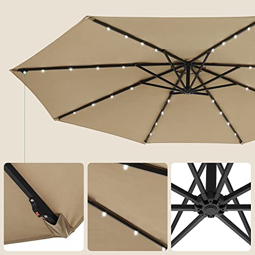 Cantilever Garden Patio Parasol with Solar-Powered LED Lights, 3 m Offset Parasol with Base, UPF 50+ Banana Hanging Umbrella, Crank for Opening Closing, Taupe