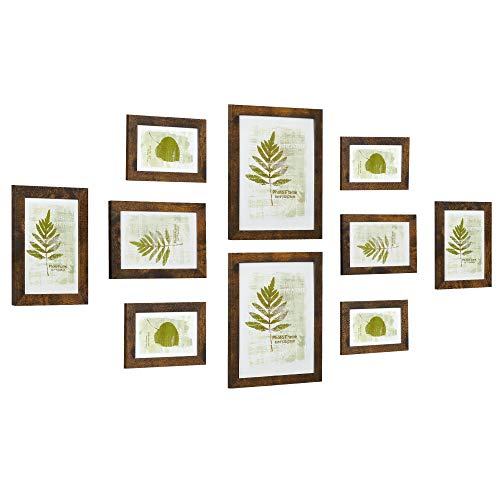 Set of 10 Picture Frames, Two 20 x 25 cm (8 x 10 Inches), Four 13 x 18 cm (5 x 7 Inches), Four 10 x 15 cm (4 x 6 Inches), Plastic Front, MDF, Rustic Brown