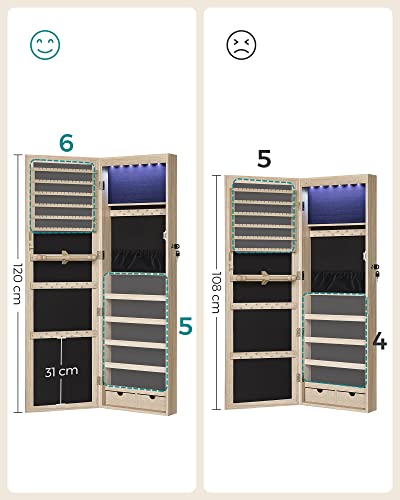 Hanging Jewellery Cabinet Lockable Mirror Cabinet with Mirror and Multiple Compartments, Wall Mounted On the Door for Necklaces, Earrings, Oak