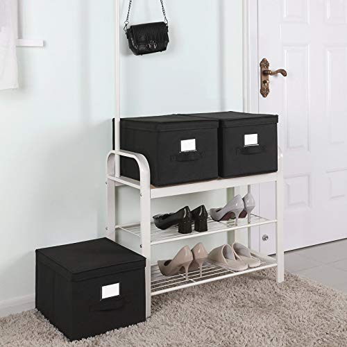 Set of 3 Foldable Storage Boxes with Lids, Fabric Cubes with Label Holders, Storage Bins Organiser, 40 x 30 x 25 cm, Black