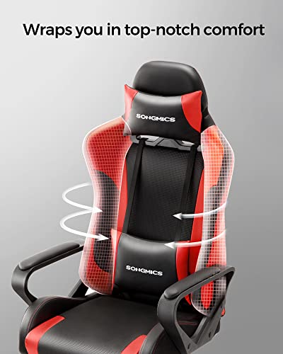 Gaming Chair, Computer Chair, Office Chair, Removable Headrest, Lumbar Cushion, Height-Adjustable, Rocker Function, Maximum Load 150 kg, Ergonomic, Black/Red