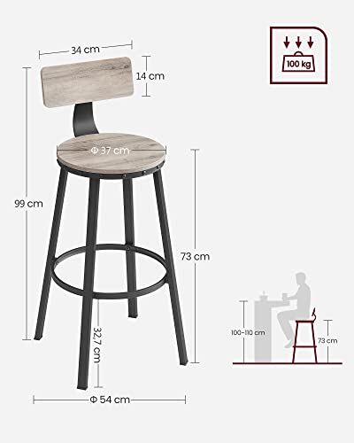 Bar Stools, Kitchen Chairs with Metal Frame, Seat Height 73.2 cm, Easy Assembly, Industrial Design, Greige Black Set of 2