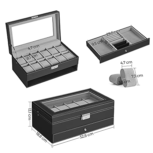 Watch Box, Watch Case with Glass Lid, 2-Tier Watch Display Case for 12 Watches, Lockable, 1 Drawer, for Rings, Bracelets, Gift Idea, Black Synthetic Leather, Grey Lining