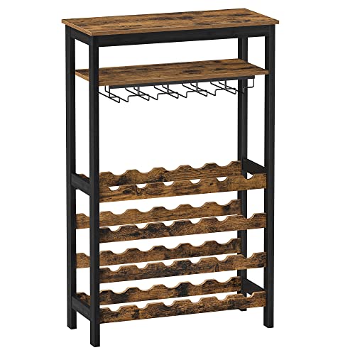 Wine Rack 24 Wine Bottles Standing Bottle Rack with Glass Holders for Kitchen Bar Dining Room Vintage Brown Black