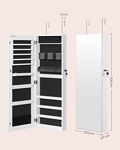 Jewellery Cabinet Armoire, Lockable Wall-Mounted Storage Organiser Unit with 2 Plastic Cosmetic Storage Trays, Full-Length Frameless Mirror, for Necklace Earring, White