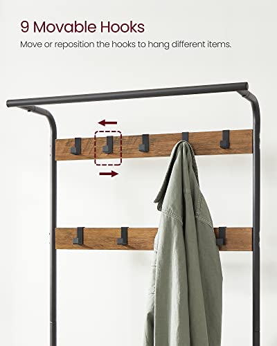 Coat Rack, Coat Stand with Shoe Storage Bench, 4-in-1 Design, with 9 Removable Hooks, a Clothes Rail, for Hallway, Entrance, 33.7 x 77 x 183 cm, Industrial, Rustic Walnut and Black