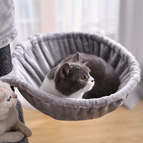 Cat Tree, Large Cat Tower with Fluffy Plush Perch, Cat Condo with Basket Lounger and Cuddle Cave, Extra Thick Posts Completely Wrapped in Black Sisal, Stable, Comfortable, Light Grey