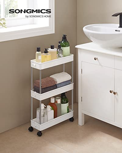 3-Tier Storage Trolley, Kitchen Trolley on Wheels, Narrow Trolley for Kitchen Bathroom Office or Small Spaces, 42 x 13.5 x 61 cm, White