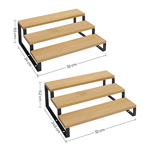 Spice Rack, Set of 2 Cabinet Shelf Organisers, 3-Tier Extendable Spice Holder, Bamboo, Stackable, for Pantry, Cupboard, Countertop, Natural and Black