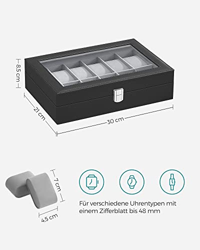 Watch Box with 12 Slots, Watch Case with Glass Lid, Watch Display Box with Removable Watch Pillows, Metal Clasp, Gift Idea, Black Synthetic Leather, Grey Lining