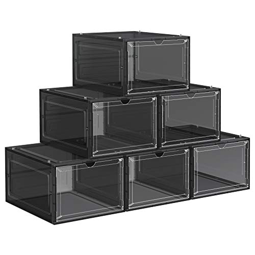 Shoe Boxes, Plastic Shoe Storage Organisers with Clear Doors, Set of 6, Stackable, Easy Assembly, 27 x 34.5 x 19 cm, up to UK Size 10, Black