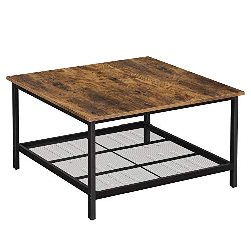 Coffee Table, Square Cocktail Table with Spacious Table Top, Robust Steel Frame and Mesh Storage Shelf, Industrial Style, for Living Room, Rustic Brown and Black