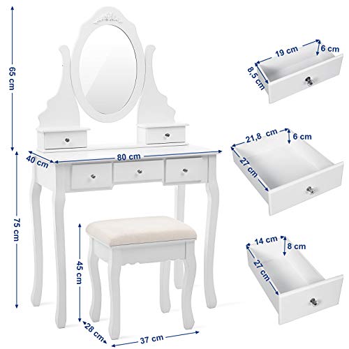 Dressing Table Set with Stool and 360 Degree Swiveling Mirror Makeup Desk 5 Drawers Vanity Furniture Easy to Assemble Bedroom White