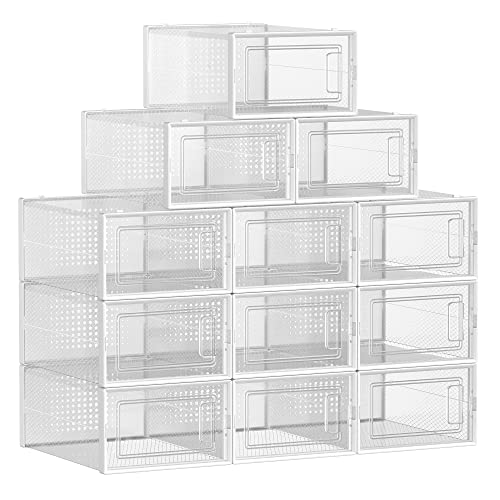 Shoe Boxes, Pack of 12 Stackable Shoe Storage Organisers, Foldable and Versatile for Sneakers, Fit up to UK Size 10.5, Transparent and White