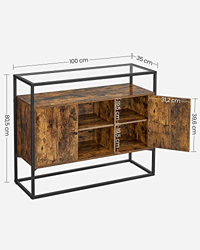 Sideboard, Side Cabinet, Storage Cabinet with Glass Surface and Open Compartments, Living Room, Hallway, Steel Frame, Tempered Glass, Industrial, Rustic Brown and Black