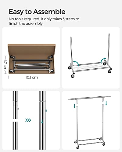 Clothes Rack on Wheels, Heavy Duty Clothes Rail, with Extendable Hanging Rail, 90 kg Load Capacity, Easy Assembly, Portable, Silver