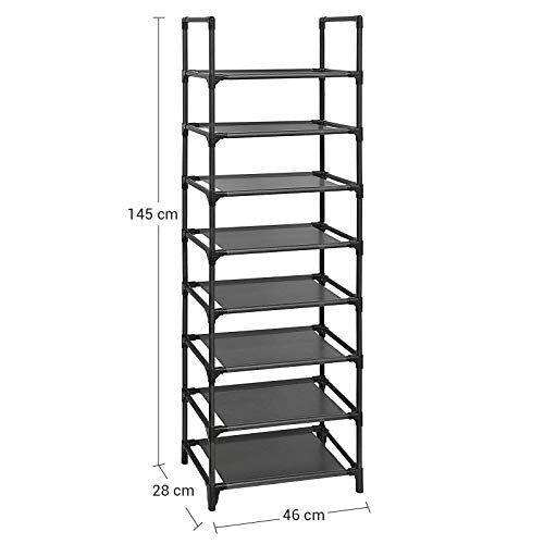 8-Tier Shoe Rack, Shoe Shelf, Shoe Storage Organiser, Space-Saving, 28 x 46 x 145 cm, Metal Frame, Non-Woven Fabric Shelves, for Hallway, Bedroom, Black