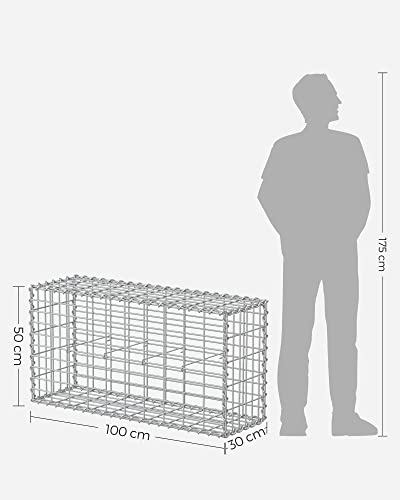 Gabion Basket, Metal Gabion Cage with 5 x 10 cm Mesh for Stones, Galvanised, Garden Decor Wall Partition, 100 x 50 x 30 cm, Silver