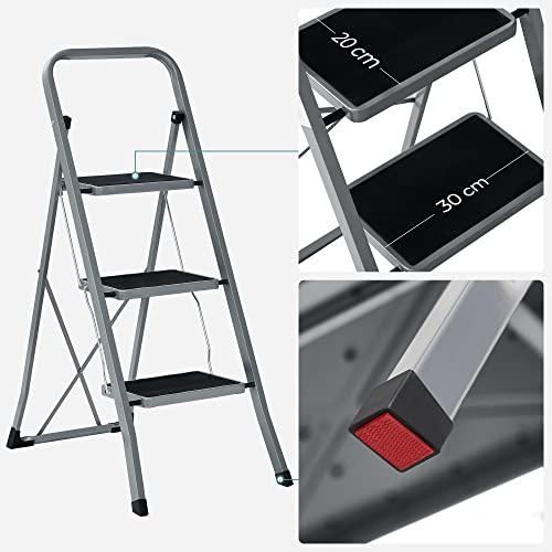 3-Step Ladder, Folding Ladder, 20 cm Wide Steps Covered with Non-Slip Rubber, Rubber Feet, Handrail, Max. Static Load 150 kg, Steel, Grey and Black