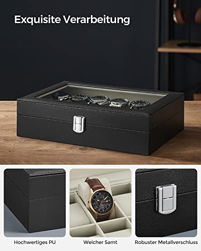 Watch Box with 12 Slots, Watch Case with Glass Lid, Watch Display Box with Removable Watch Pillows, Metal Clasp, Gift Idea, Black Synthetic Leather, Greenish Beige Lining