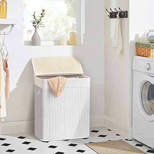 Divided Laundry Basket with Lid, Bamboo Laundry Hamper with 2 Sections, Removable Liners, Cotton Handles, 100L Storage Capacity, for Laundry Room, Bedroom, White