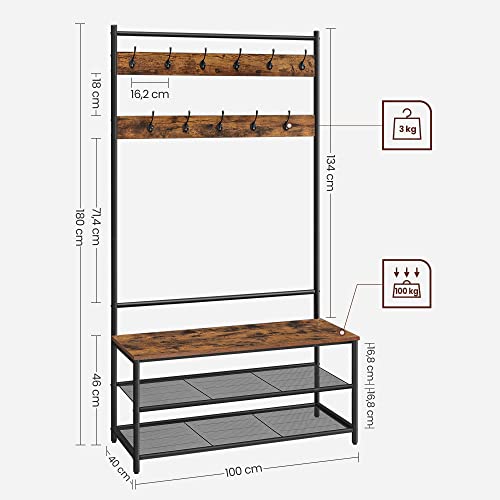 Coat Rack with Shoe Bench, 11 Adjustable Shelves, for Entrance, Hallway, Bedroom, Rustic Brown and Black