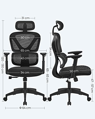 Office Chair, Desk Chair, Ergonomic Swivel Chair, Mesh Covering, 4-Level Adjustable Backrest, Maximum Load 150 kg, Black