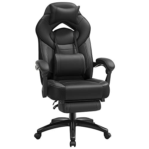 Gaming Chair, Office Chair with Footrest, Desk Chair, Ergonomic Design, Adjustable Headrest, Lumbar Support, Holds up to 150 kg, Black