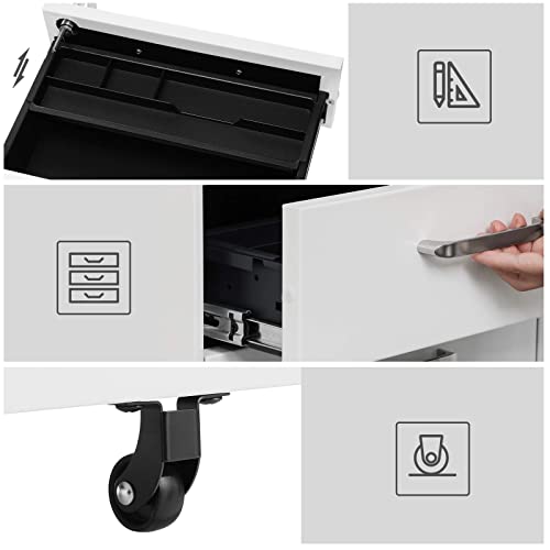 Office Chest of Drawers, Lockable File Cabinet, with 3 Drawers, Castors, for Documents, Stationery and Suspended Folders, for Office and Study, Steel, White