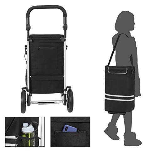 Shopping Trolley, Foldable Shopping Cart, Solid, with Insulated Cooling Bag, Large Capacity 35L, Multifunctional Luggage Cart with Wheels, Detachable Backpack, Black