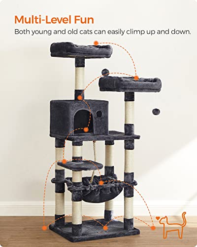 Cat Tree, Stable Cat Tower, 2 Plush Perches, 143cm, Smoky Grey