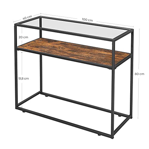 Console Table, Entrance Console, Tempered Glass Top, Robust Steel Frame, Easy Assembly, for Living Room Hallway, Industrial Style, Rustic Brown and Black