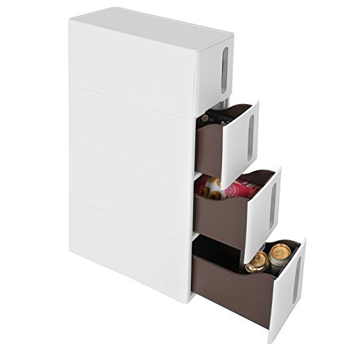 Plastic Storage Drawers, Narrow Storage Trolley on Wheels, 4-Drawer Storage Unit Tower for Bathroom Kitchen, Space-Saving, 45 x 17 x 83 cm, White and Brown