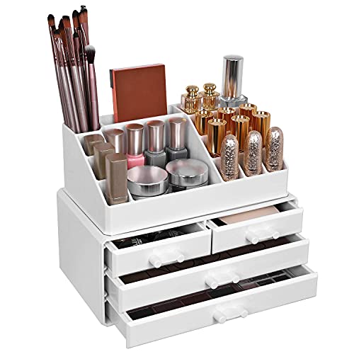 Cosmetics Organiser, Makeup Storage Holder with 4 Drawers and 16 Compartments of Different Sizes, Non-Slip Mats, for Makeup and Jewellery Accessories, White