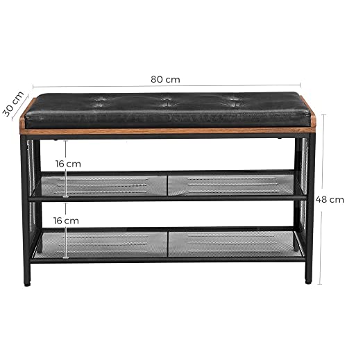 Shoe Bench Padded Bench with Mesh Shelf Shoe Rack 80 x 30 x 48 cm Hallway Bedroom Metal Space Saving Industrial Design Faux Leather Vintage Brown Black